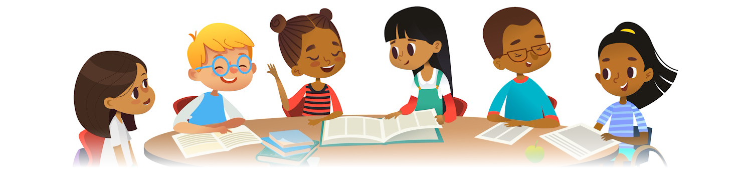 Illustrasjon av seks barn med forskjellig etnisitet som sitter ved et bord og leser.