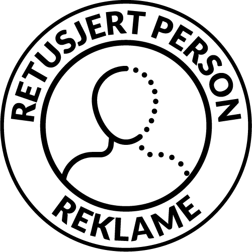 Logo i svart/hvitt med teksten "Retusjert person. Reklame".
