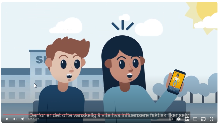 Skjermbilde fra videoen "Reklame i sosiale medier". Illustrasjonen viser to barn som ser på en influenser på en mobil. Teksten nederst på skjermen lyder "Derfor er det ofte vanskelig å vite hva influenserne faktisk liker selv".