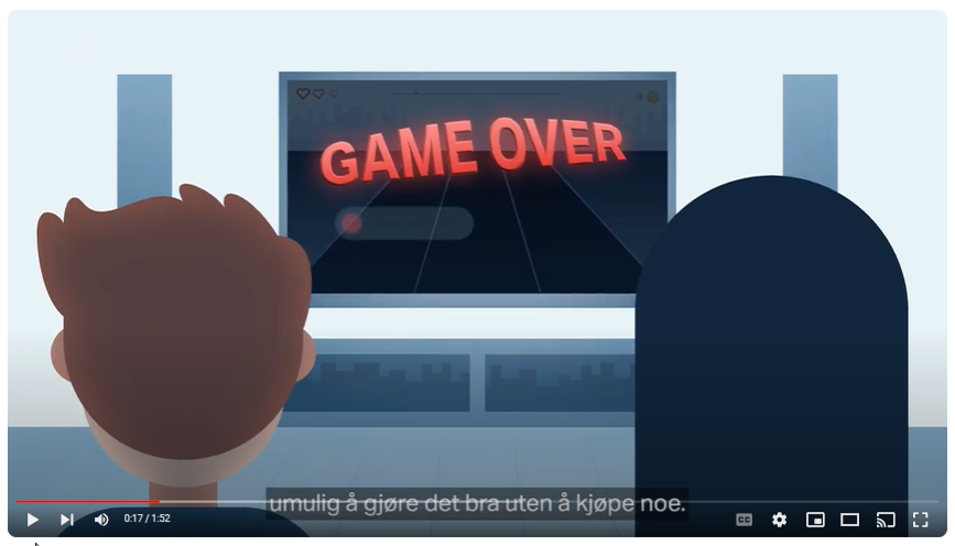 Skjermbilde fra videoen "Reklame i spill". Illustrasjonen viser to barn foran en skjerm hvor det står "Game over". Teksten nederst på skjermen lyder "umulig å gjøre det bra uten å kjøpe noe".
