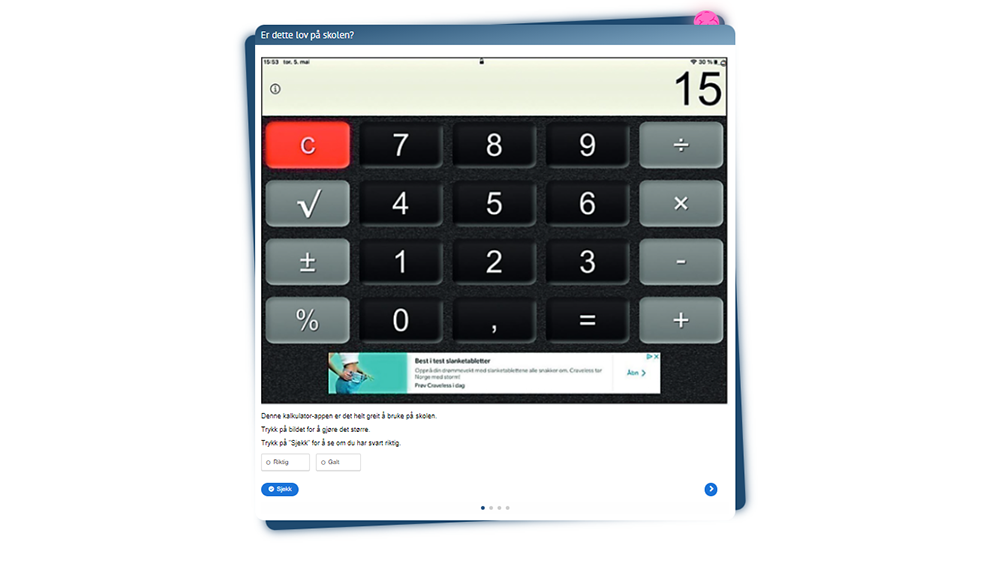 Skjermbilde av oppgaven "Er dette lov på skolen?" fra Reklameskolen.