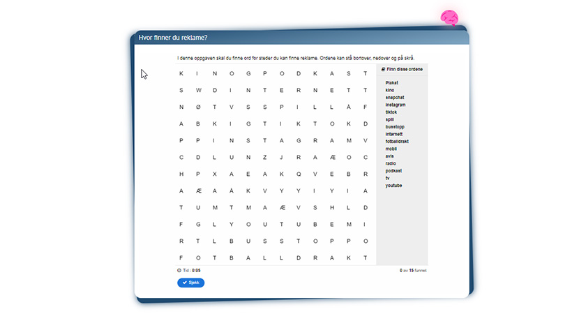 Skjermbilde av oppgaven "Hvor finner du reklame?" fra Reklameskolen.