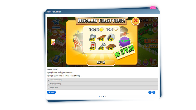 Skjermbilde av oppgaven "Finn reklamen" fra Reklameskolen.