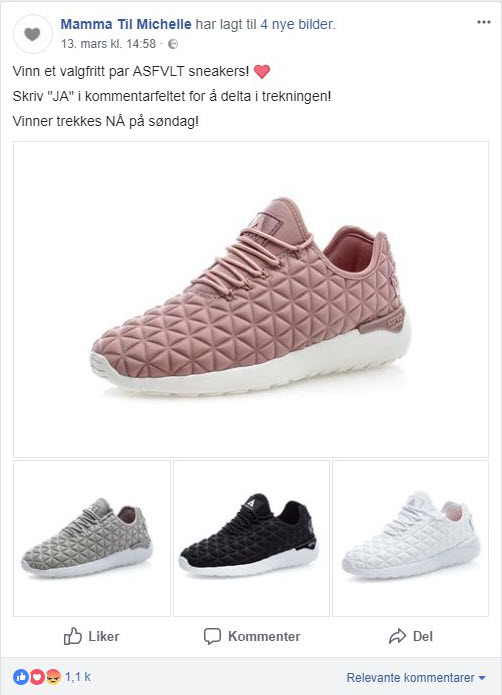 Illustrasjonen viser en annonse fra "Mamma ti lMichelle" hvor det er bilde av sko, og følgende tekst: "Vinn et valgfritt par ASFVLT sneakers! Skriv "JA" i kommentarfeltet for å delta i trekningen! Vinner trekkes NÅ på søndag"
