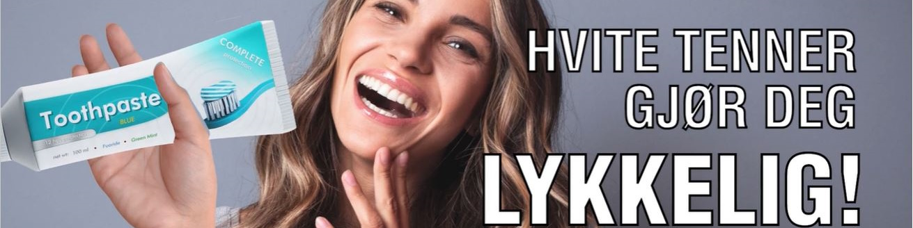 Dame smiler med hvite tenner og reklamerer for tannkrem