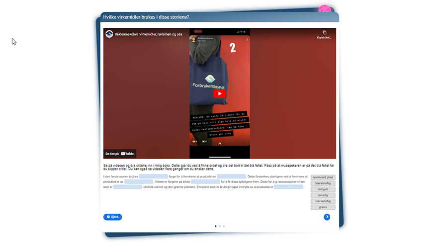 Skjermbilde av oppgaven "Hvilke virkemidler brukes i disse storiene?" fra Reklameskolen.