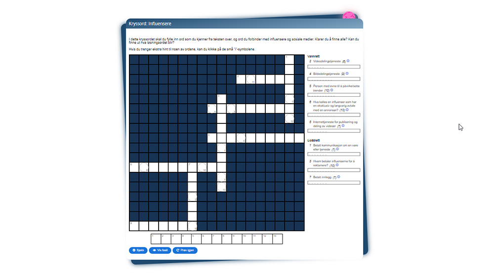 Skjermbilde av oppgaven "Kryssord: Influensere" fra Reklameskolen.