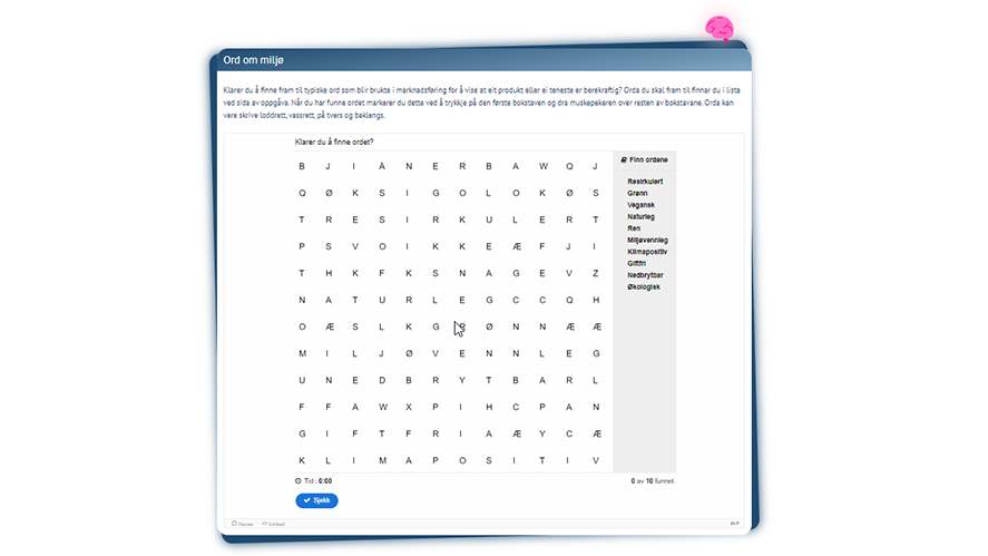 Skjermbilde av oppgaven "Ord om miljø" fra Reklameskolen.