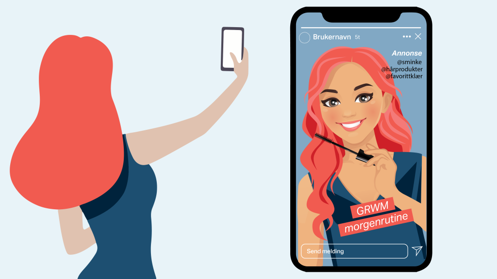 Illustrasjon av en influenser som legger ut en selfie med reklame. Til høyre i bildet vises telefonen med innlegget. Det er merket som annonse, og tagget med @sminke, @hårprodukter og @favorittklær. Nederst på bildet står det "GRWM morgenrutine".