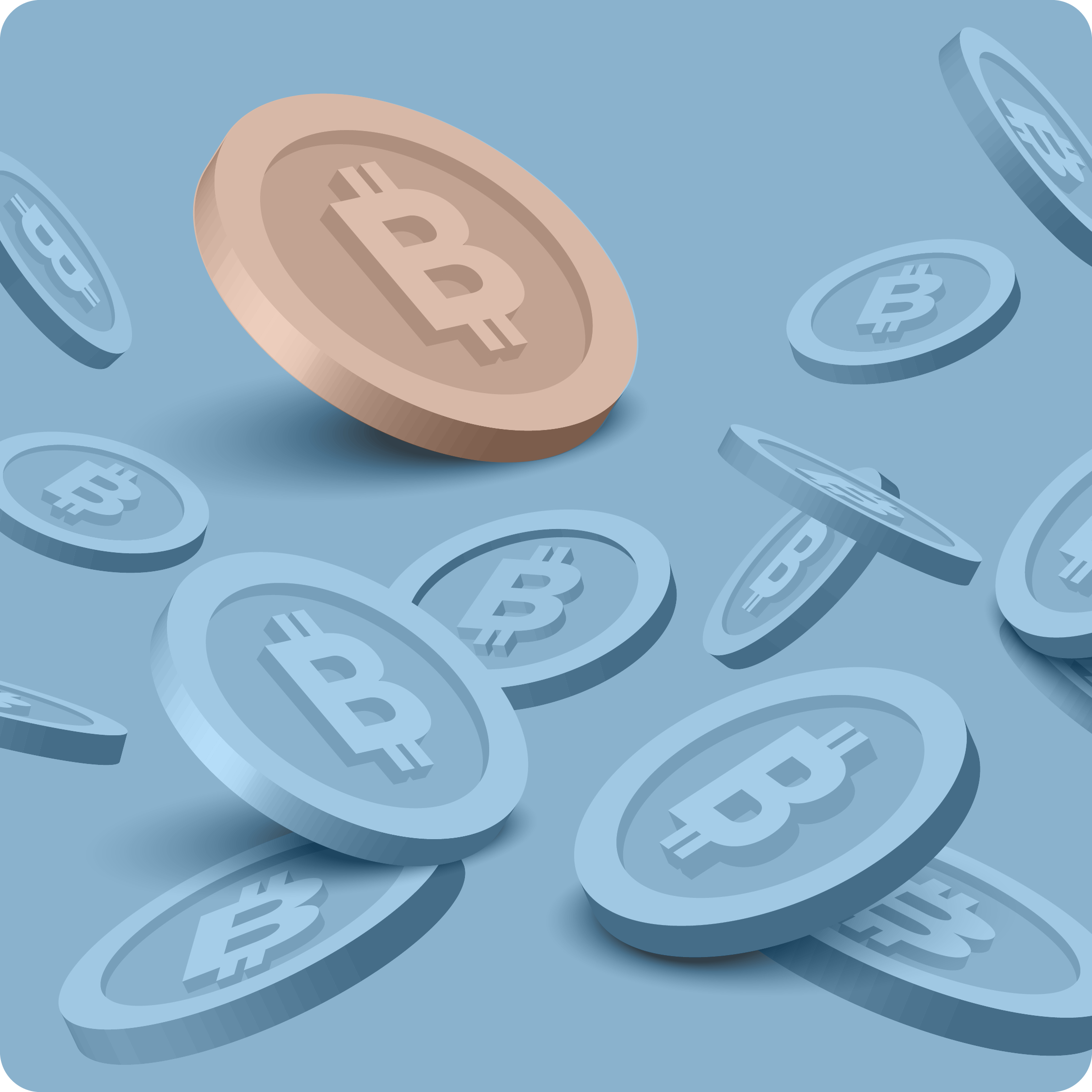 Illustrasjon av bitcoin-mynter på blå bakgrunn