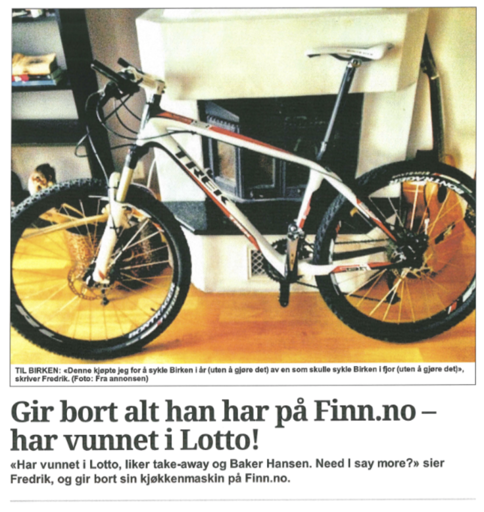 Bilde viser en avisartikkel med bilde av en sykkel og teksten "Gir bort alt han har på Finn.no - har vunnet i lotto".